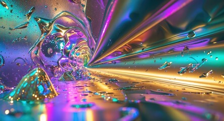 Poster - Colorful abstract tunnel with reflective metallic surfaces and droplets, featuring vibrant lighting effects and fluid shapes.