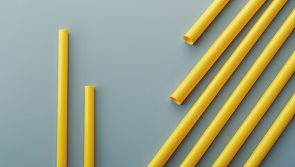  - Yellow plastic tubes arranged on a light blue background creating a modern geometric pattern