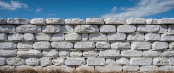 Poster - White stone wall with irregular shapes and textures against a blue sky with scattered clouds.