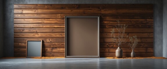 Poster - modern interior design featuring wooden wall paneling with empty frames and decorative vases on the 