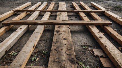 Poster - Wooden pallet structure on ground with weathered wooden planks and dirt surroundings in natural light