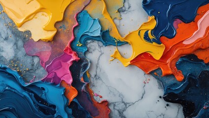 Poster - Colorful abstract texture created from mixed paint on a marble surface showcasing vibrant hues of blue yellow pink and orange