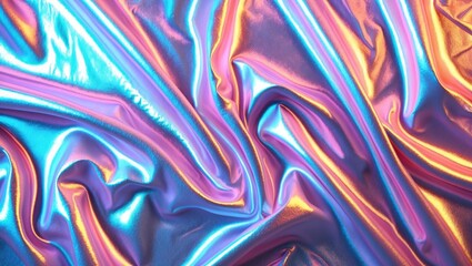 Fototapete - Iridescent fabric texture with vibrant colors of blue, pink, and orange in soft, flowing waves and folds under light.