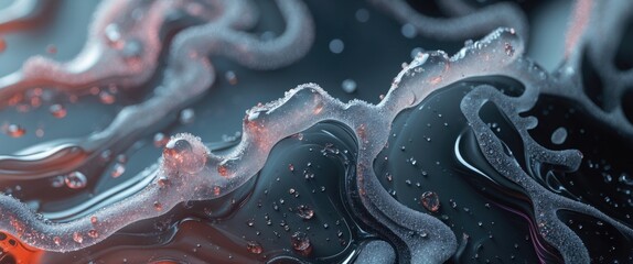 Poster - Abstract close-up of colorful liquid texture with water droplets and bubbles on dark background