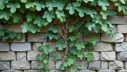 Poster - Green vine leaves climbing on a textured stone wall creating a natural backdrop in a garden or outdoor setting.