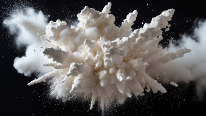 Poster - White powder explosion creating dramatic cloud effects against a dark background with particles dispersing in various directions