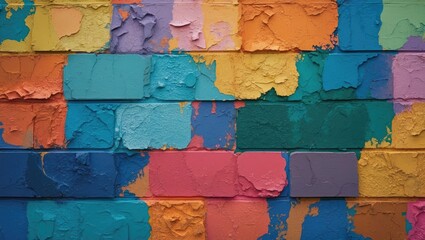 Poster - Colorful textured wall with abstract paint patterns in various vibrant shades on brick surface