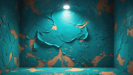 Poster - Interior scene featuring cracked turquoise walls with light fixture illuminating the textured surface and showing orange undertones