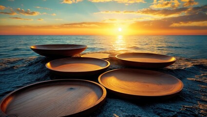 Poster - wooden bowls arranged on a rock formation by the seashore during a vibrant sunset with orange and bl