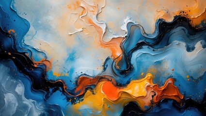 Poster - Abstract fluid art painting with swirling blue orange and white colors creating dynamic and textured patterns across the canvas