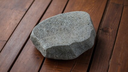 Poster - gray volcanic rock on wooden surface displaying natural texture and shape with earthy tones and smoo