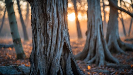 Poster - Close-up of textured tree trunk with warm sunlight filtering through blurred forest in autumn season background