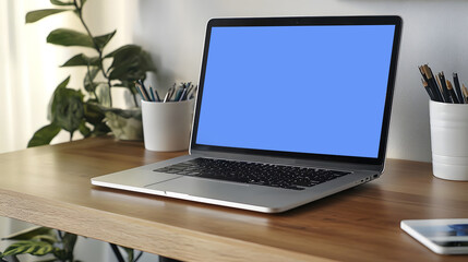 Poster - Organized and Minimalist Home Office Space with a Laptop Computer on a Wooden Desk and Clean Clutter Free Surfaces  Ideal for Freelance Remote Work or Small Business Professionals