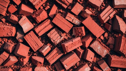 Poster - Red clay bricks scattered on the ground forming a textured surface suitable for construction or architectural themes