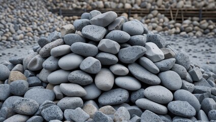 Poster - Piled grey river stones in a gravel pit with assorted shapes and sizes arranged in a natural setting outdoors