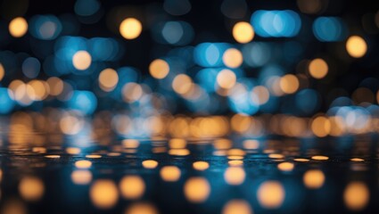 Poster - abstract bokeh background with blue and orange lights reflecting on a dark surface creating a soft glow effect