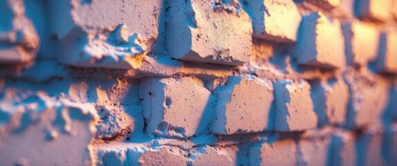 Poster - textured brick wall with peeling paint in soft blue and warm orange light shadows