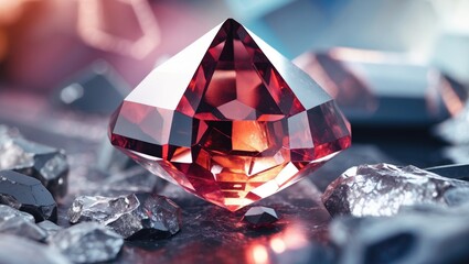 Poster - Red crystal gem on dark reflective surface surrounded by smaller stones detailed close-up photography