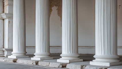 Poster - White classical columns in an empty architectural space with weathered walls and stone flooring.