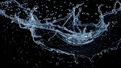 Poster - High-speed photography of water splash with droplets on black background creating dynamic motion effect
