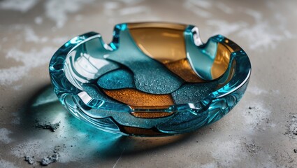 Poster - Colorful glass ashtray with turquoise and orange design placed on a textured surface capturing light reflections and details.