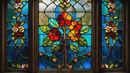 Poster - stained glass window with colorful floral designs and intricate patterns featuring red, yellow, and 