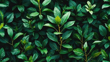 Poster - Dense array of green leaves with varying shapes and sizes creating a natural foliage background in vibrant hues of green.
