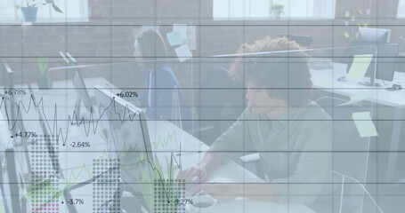 Poster - Image of data processing and diagrams over diverse colleagues working in office