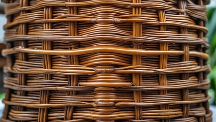 Poster - Close-up of woven wicker texture showcasing intricate patterns and natural brown tones of a handmade basket or container