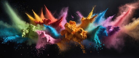 Poster - Colorful powder explosion on black background creating vibrant abstract patterns and textures in various hues