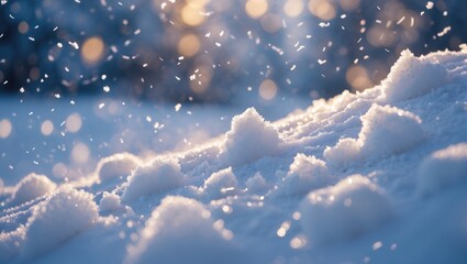 Poster - Snowflakes falling on a snow-covered surface with bokeh background of soft light during winter season