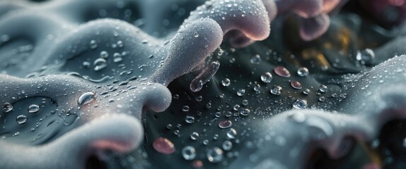Poster - close-up view of textured surface with droplets of water on irregular waves and curves illuminated b
