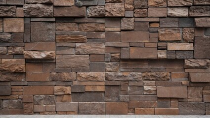 Poster - Brown stone wall texture with varied shapes and sizes of rocks, ideal for background or architectural design elements.