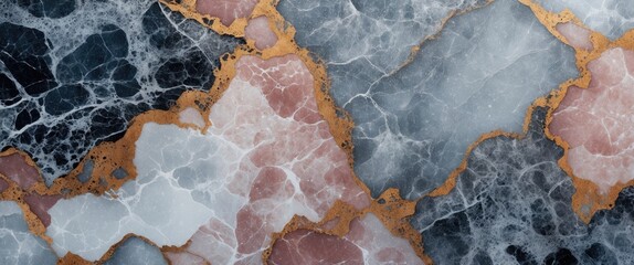 Poster - Colorful marble texture background with black, pink, and light blue patterns and gold veins for interior design or artwork usage