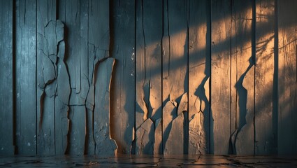 Poster - Textured cracked wall with wooden panels illuminated by soft light shadows creating an abstract background design.