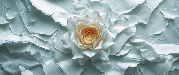 Poster - White rose on textured light blue paper background with layers and creases in a flat lay composition