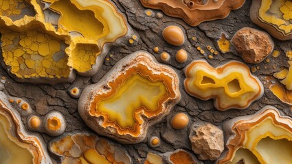 Poster - Multicolored agate stone background with yellow and orange patterns and textures in natural mineral formation close-up