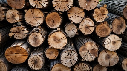 Poster - Stacked wooden logs with visible rings and bark texture in a natural setting. Detailed view of tree cross-sections.