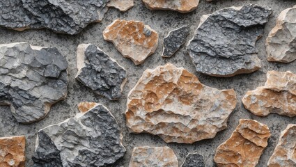 Poster - Textured natural stone wall with various gray and orange rock pieces arranged irregularly