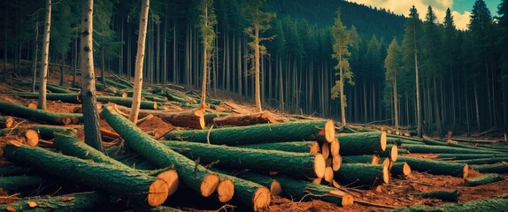 Poster - Lumber logs stacked in a forest clearing surrounded by standing trees under a moody sky and earthy landscape