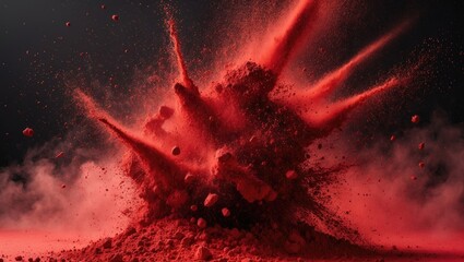 Poster - Red powder explosion with dust and debris particles flying against a dark background abstract dynamic motion effect.