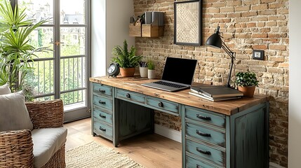 Poster - Quiet and organized home office workspace with a wooden desk laptop computer and clean minimalist decor creating a comfortable and productive environment for work or study