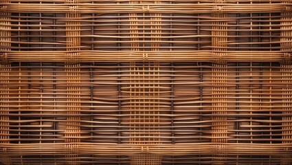 Poster - woven bamboo texture background with intricate pattern of intertwined strips in warm brown tones