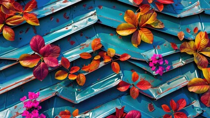 Poster - Vibrant foliage of red and pink flowers against a textured blue metal surface with a natural arrangement of leaves