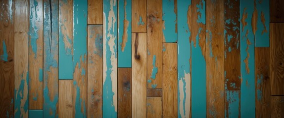 Poster - Wooden wall panels with blue paint peeling and revealing natural wood grain background texture