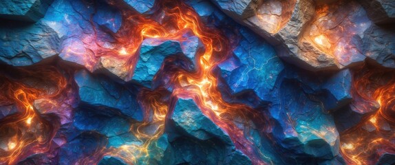 Poster - Colorful abstract rocky texture with glowing lights in blue orange and purple hues resembling an illuminated cave wall