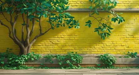 Poster - Lush green tree and vibrant yellow brick wall with creeping plants and stone pavement in sunlight ambiance