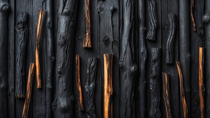 Poster - Black charred wood textures with contrasting light brown wooden branches arranged horizontally on a flat surface.