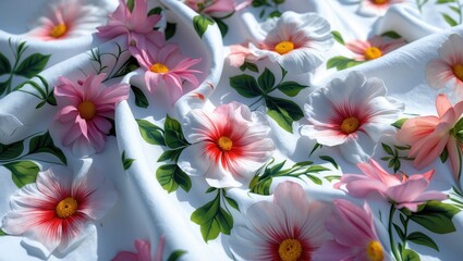 Poster - Floral pattern on fabric with colorful flowers and greenery on white background natural light decoration textile design