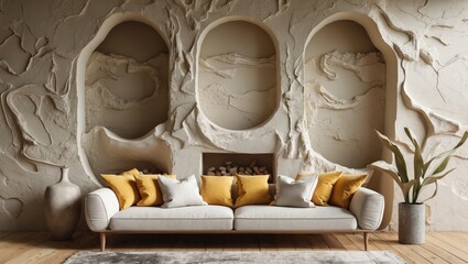 Poster - Modern living room interior with minimalist design, textured wall art and decorative pillows, featuring a neutral color palette and natural light.